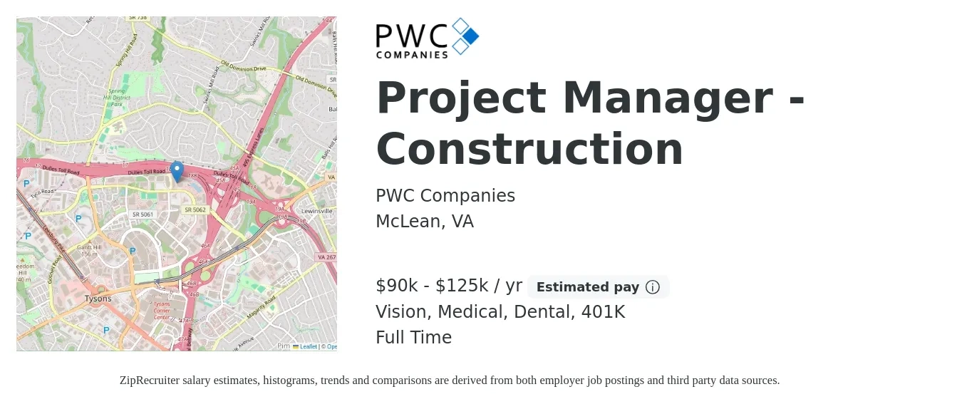 PWC Companies job posting for a Project Manager - Construction in McLean, VA with a salary of $90,000 to $125,000 Yearly and benefits including 401k, dental, medical, and vision with a map of McLean location.