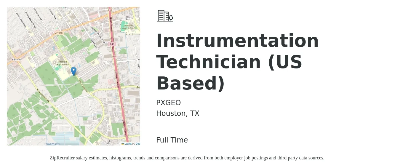 PXGEO job posting for a Instrumentation Technician (US Based) in Houston, TX with a salary of $23 to $36 Hourly with a map of Houston location.