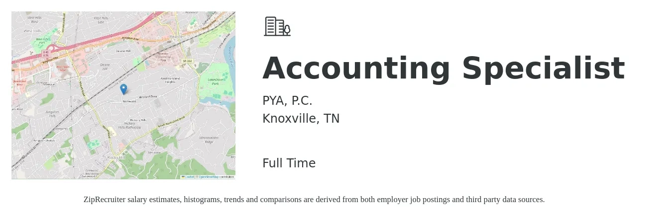 PYA, P.C. job posting for a Accounting Specialist in Knoxville, TN with a salary of $18 to $24 Hourly with a map of Knoxville location.