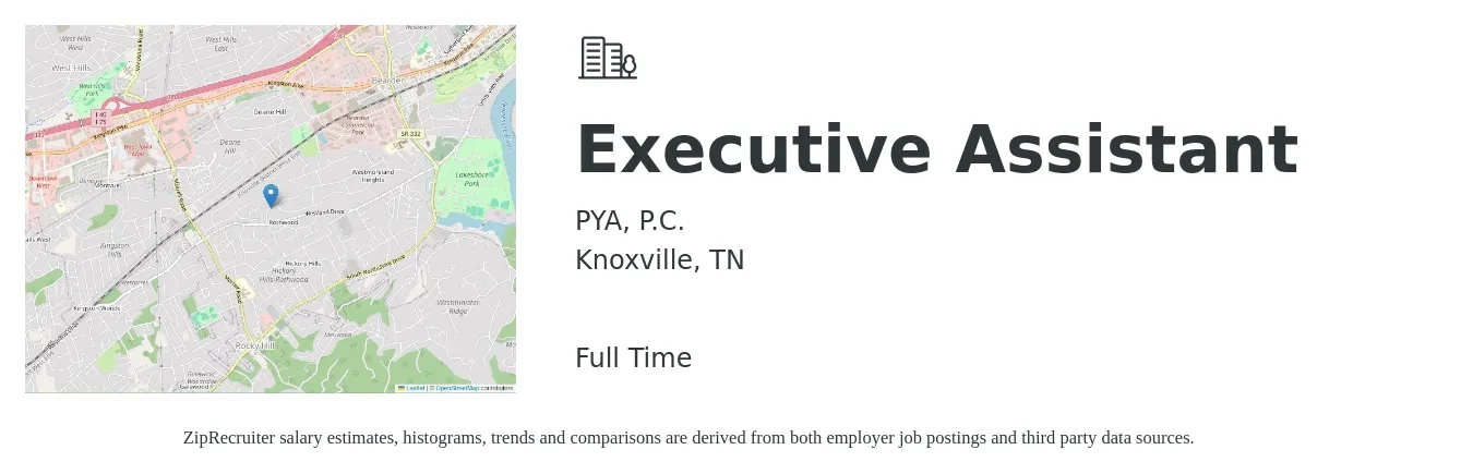 PYA, P.C. job posting for a Executive Assistant in Knoxville, TN with a salary of $41,200 to $61,800 Yearly with a map of Knoxville location.