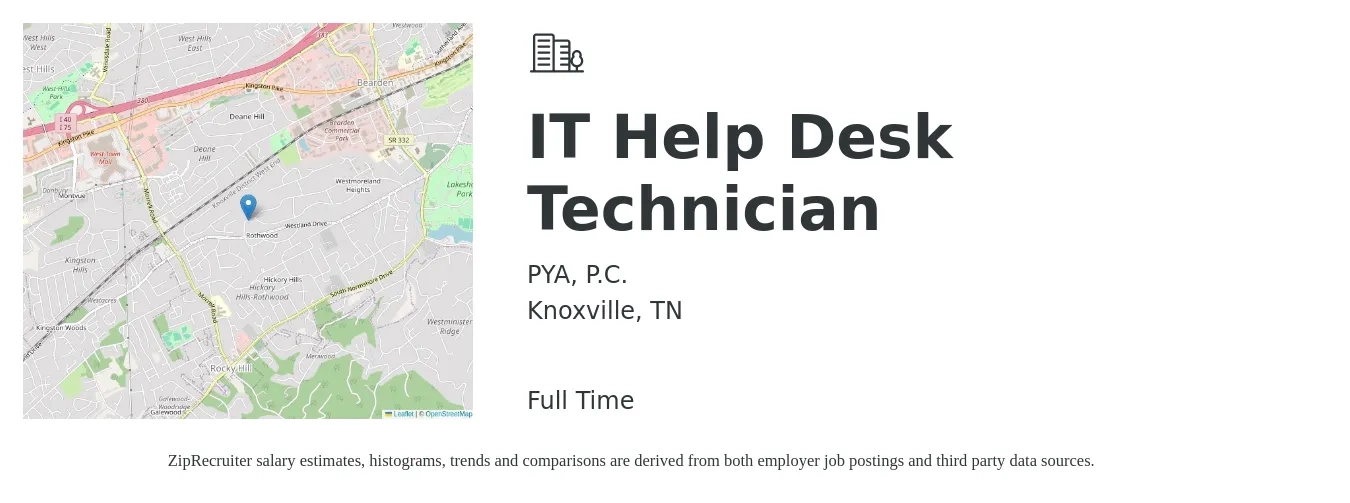 PYA, P.C. job posting for a IT Help Desk Technician in Knoxville, TN with a salary of $16 to $23 Hourly with a map of Knoxville location.