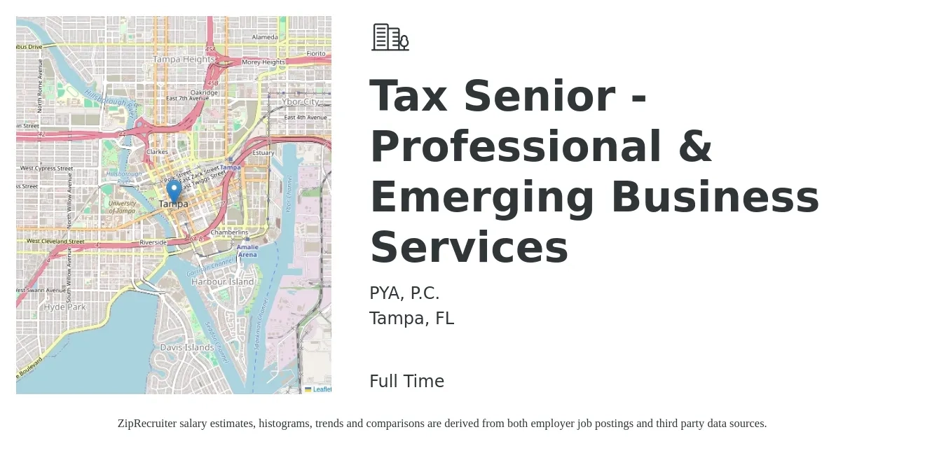 PYA, P.C. job posting for a Tax Senior - Professional & Emerging Business Services in Tampa, FL with a salary of $86,000 to $136,100 Yearly with a map of Tampa location.