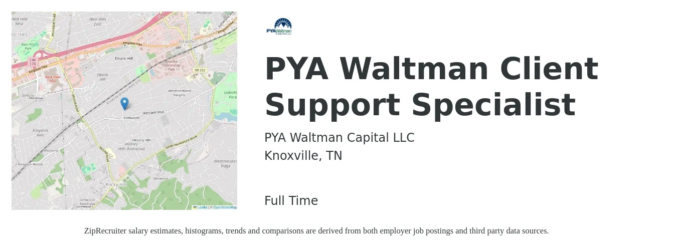 PYA Waltman Capital LLC job posting for a PYA Waltman Client Support Specialist in Knoxville, TN with a salary of $17 to $23 Hourly with a map of Knoxville location.