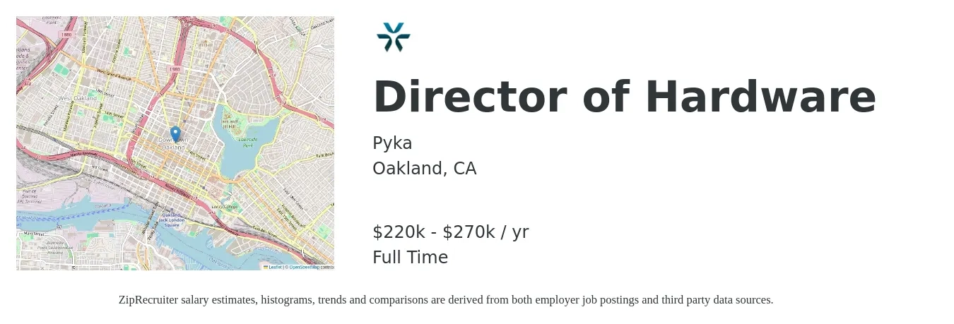 Pyka job posting for a Director of Hardware in Oakland, CA with a salary of $220,000 to $270,000 Yearly with a map of Oakland location.