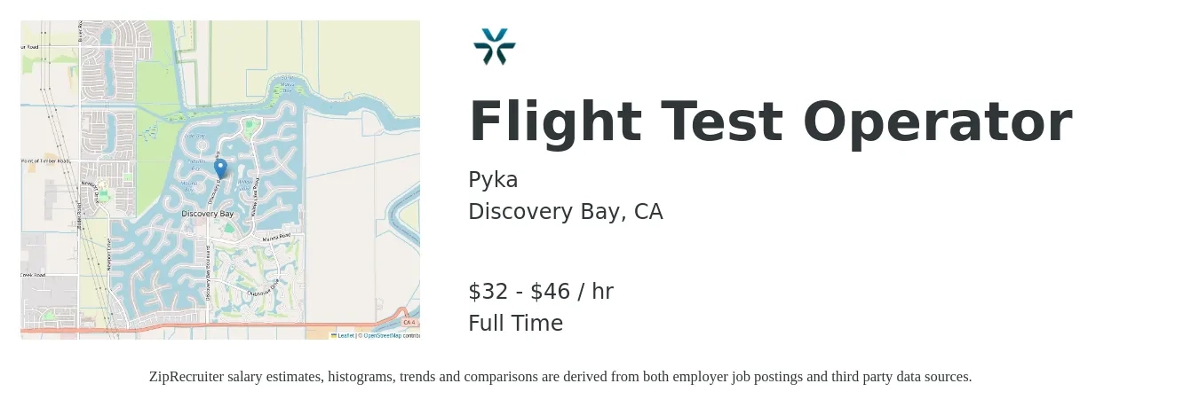 Pyka job posting for a Flight Test Operator in Discovery Bay, CA with a salary of $70,000 to $100,000 Yearly with a map of Discovery Bay location.