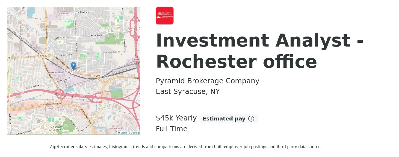 Pyramid Brokerage Company job posting for a Investment Analyst - Rochester office in East Syracuse, NY with a salary of $45,000 Yearly with a map of East Syracuse location.