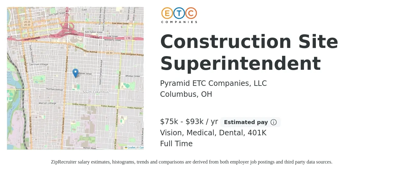Pyramid ETC Companies, LLC job posting for a Construction Site Superintendent in Columbus, OH with a salary of $75,000 to $93,000 Yearly and benefits including medical, vision, 401k, dental, and life_insurance with a map of Columbus location.