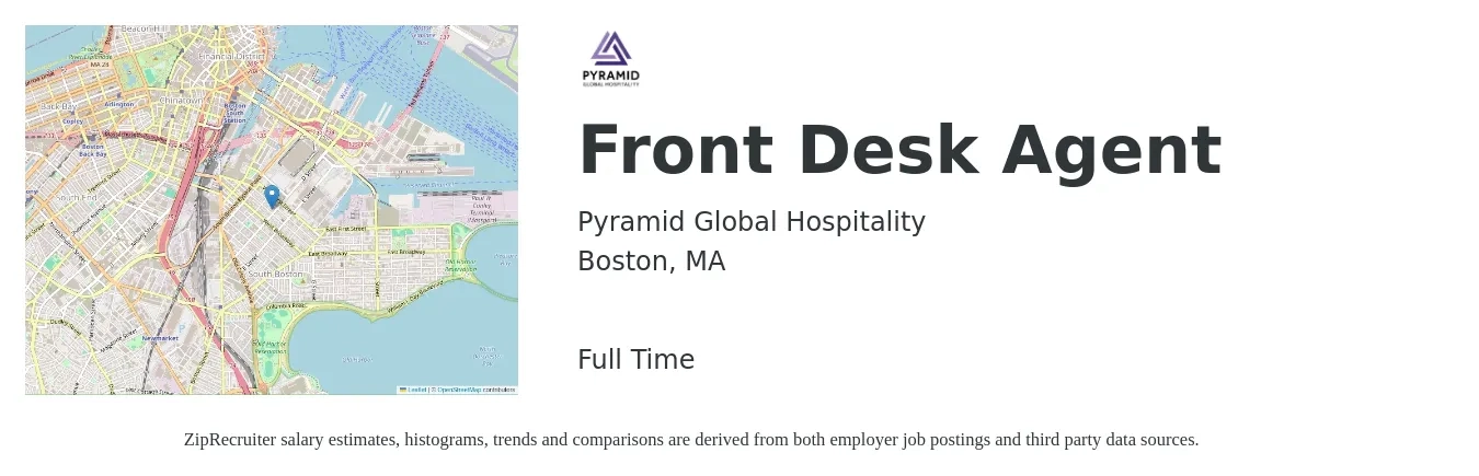 Pyramid Global Hospitality job posting for a Front Desk Agent in Boston, MA with a salary of $16 to $20 Hourly with a map of Boston location.