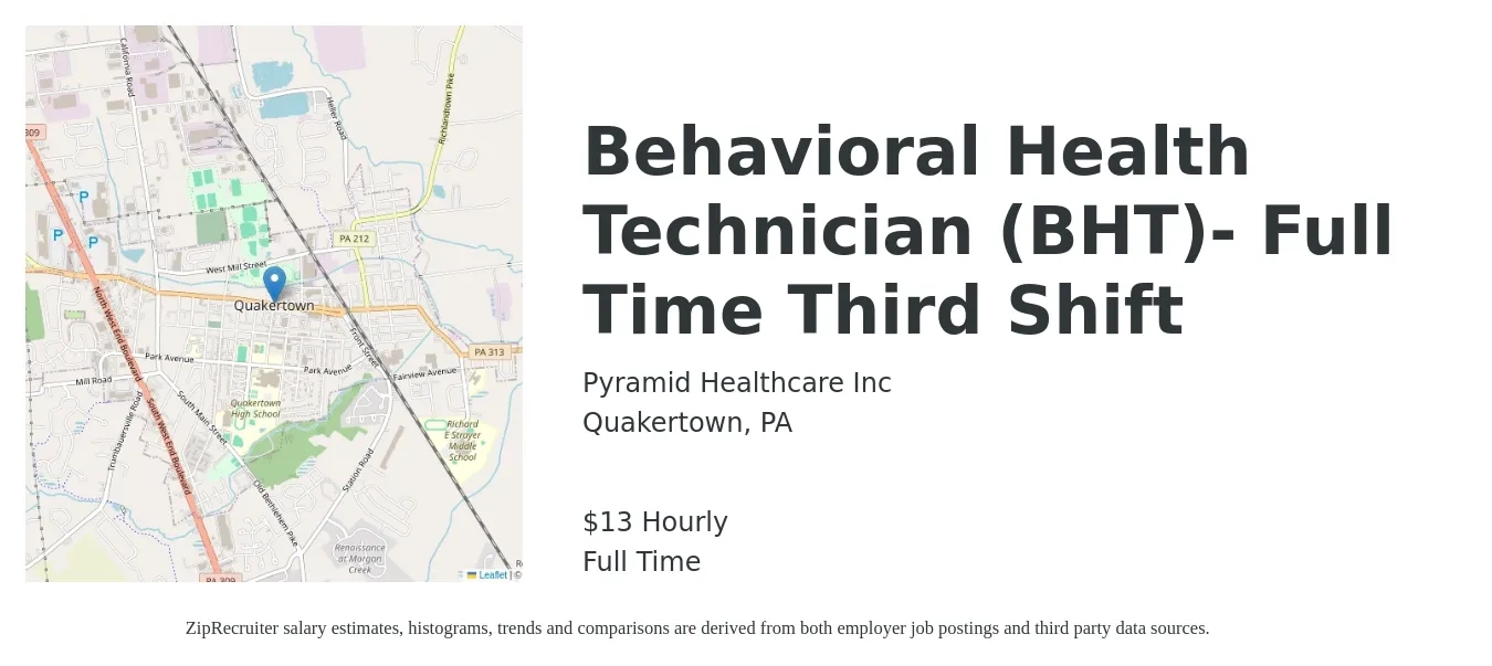 Pyramid Healthcare Inc job posting for a Behavioral Health Technician (BHT)- Full Time Third Shift in Quakertown, PA with a salary of $14 Hourly with a map of Quakertown location.