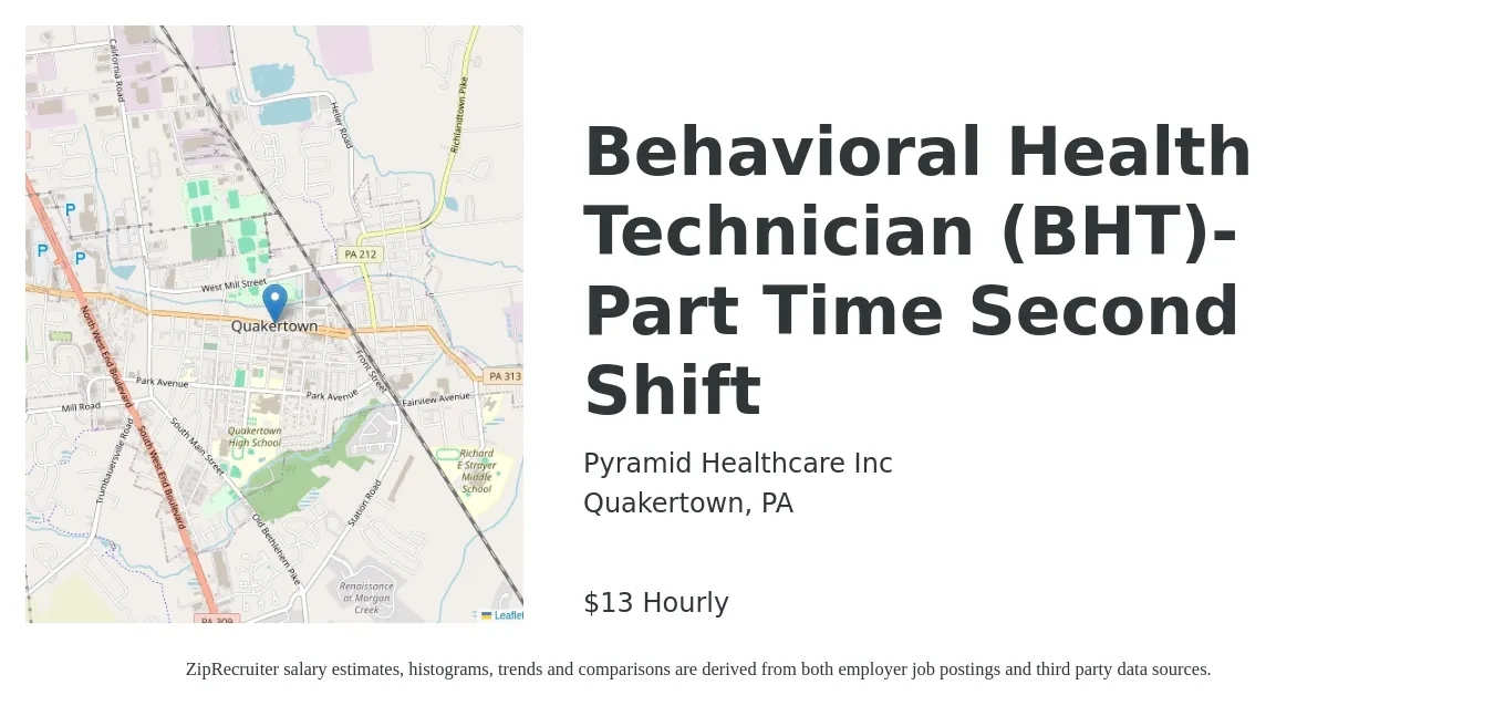 Pyramid Healthcare Inc job posting for a Behavioral Health Technician (BHT)- Part Time Second Shift in Quakertown, PA with a salary of $14 Hourly with a map of Quakertown location.