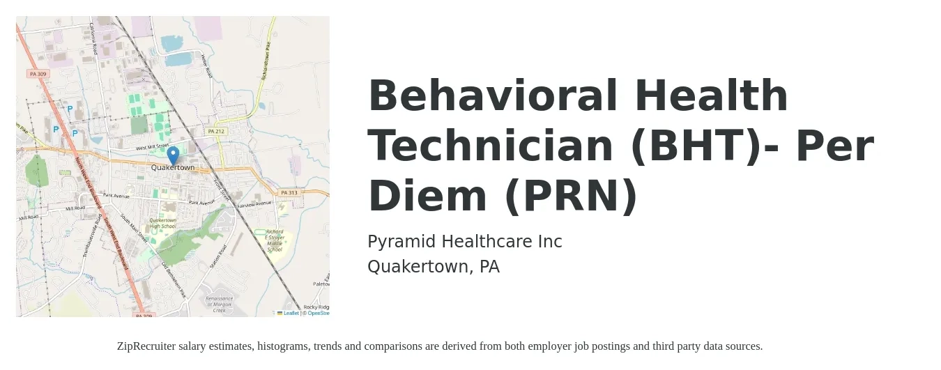 Pyramid Healthcare Inc job posting for a Behavioral Health Technician (BHT)- Per Diem (PRN) in Quakertown, PA with a salary of $16 to $19 Hourly with a map of Quakertown location.