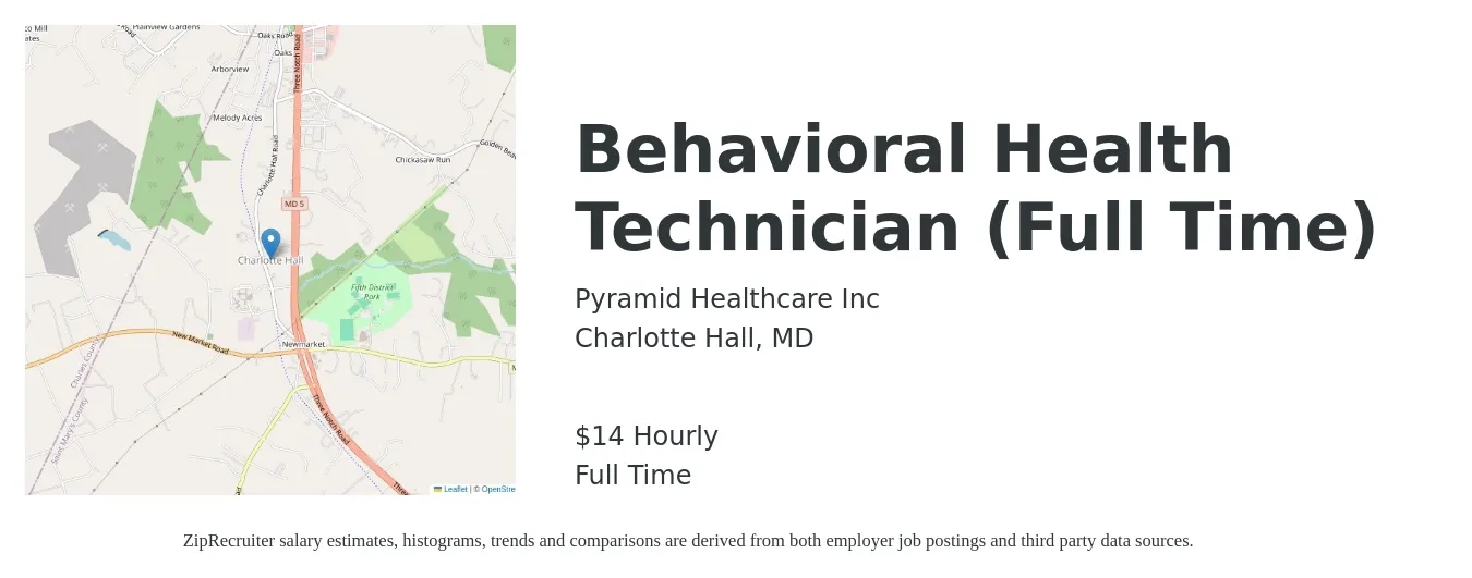 Pyramid Healthcare Inc job posting for a Behavioral Health Technician (Full Time) in Charlotte Hall, MD with a salary of $15 Hourly with a map of Charlotte Hall location.