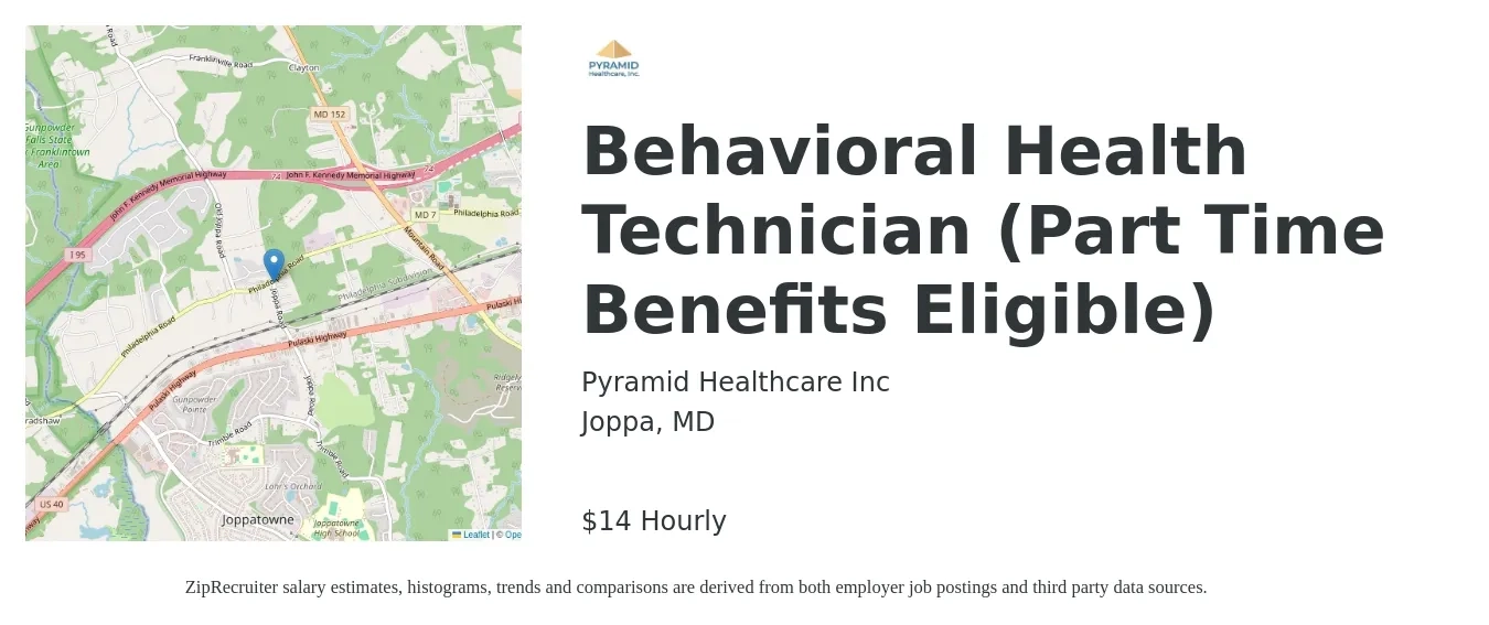 Pyramid Healthcare Inc job posting for a Behavioral Health Technician (Part Time Benefits Eligible) in Joppa, MD with a salary of $15 Hourly with a map of Joppa location.