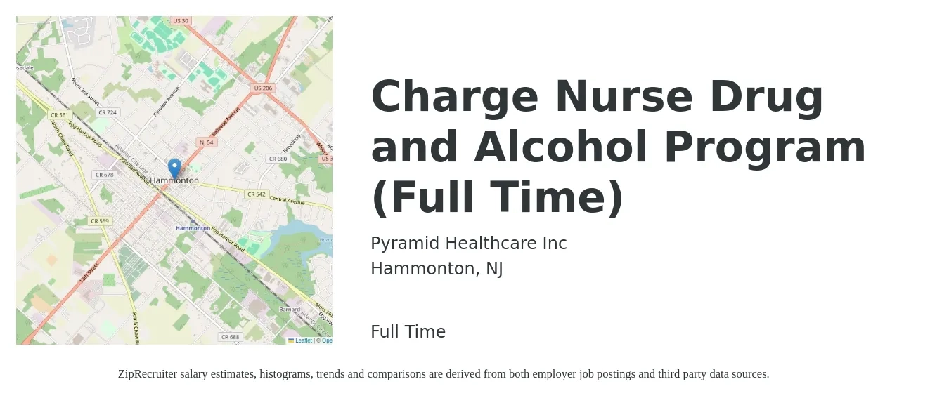 Pyramid Healthcare Inc job posting for a Charge Nurse Drug and Alcohol Program (Full Time) in Hammonton, NJ with a salary of $33 to $48 Hourly with a map of Hammonton location.