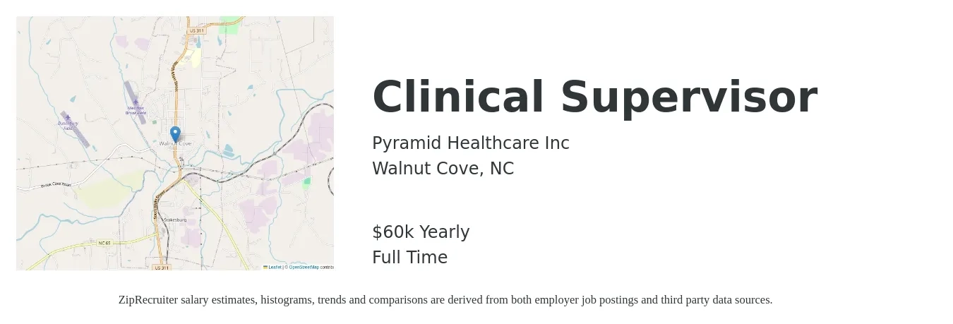 Pyramid Healthcare Inc job posting for a Clinical Supervisor in Walnut Cove, NC with a salary of $60,000 Yearly with a map of Walnut Cove location.
