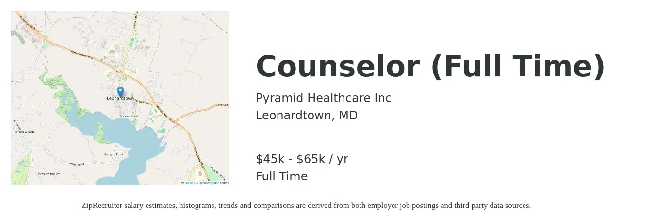 Pyramid Healthcare Inc job posting for a Counselor (Full Time) in Leonardtown, MD with a salary of $45,000 to $65,000 Yearly with a map of Leonardtown location.