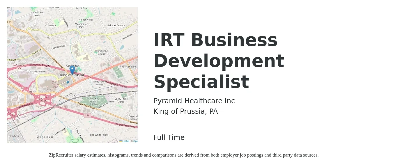 Pyramid Healthcare Inc job posting for a IRT Business Development Specialist in King of Prussia, PA with a salary of $45,900 to $76,700 Yearly with a map of King of Prussia location.