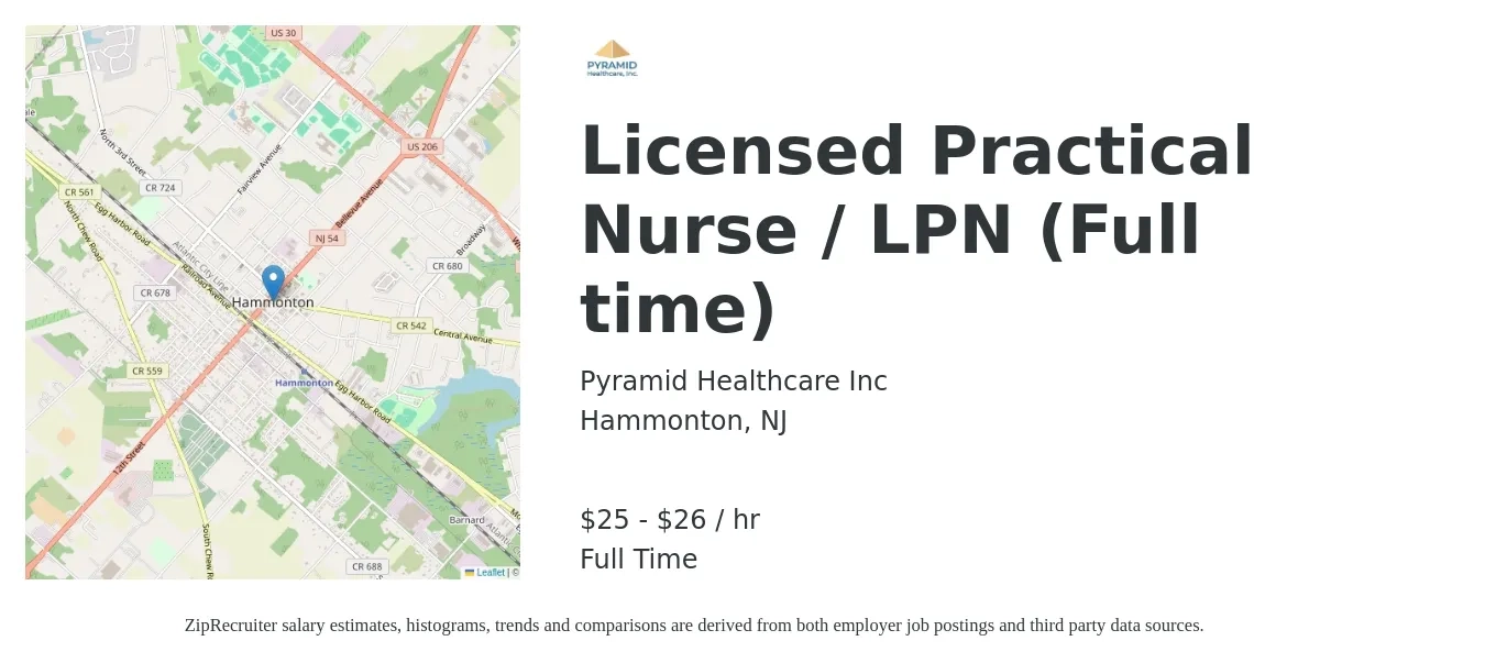 Pyramid Healthcare Inc job posting for a Licensed Practical Nurse / LPN (Full time) in Hammonton, NJ with a salary of $26 Hourly with a map of Hammonton location.