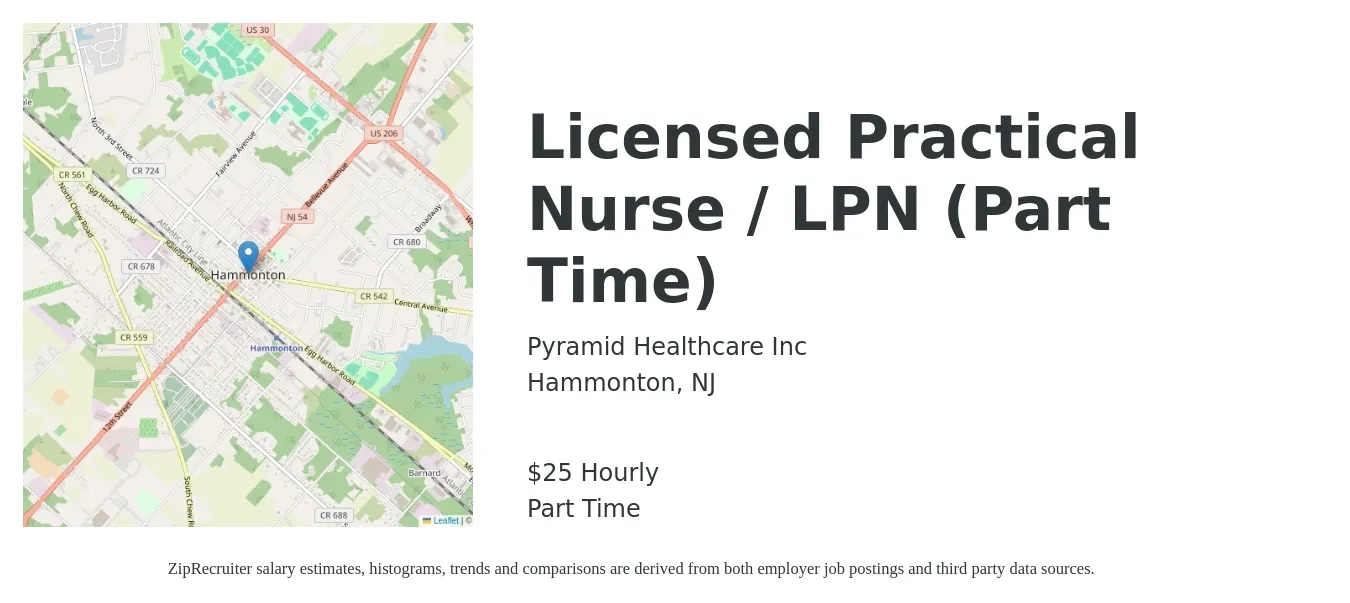 Pyramid Healthcare Inc job posting for a Licensed Practical Nurse / LPN (Part Time) in Hammonton, NJ with a salary of $26 Hourly with a map of Hammonton location.