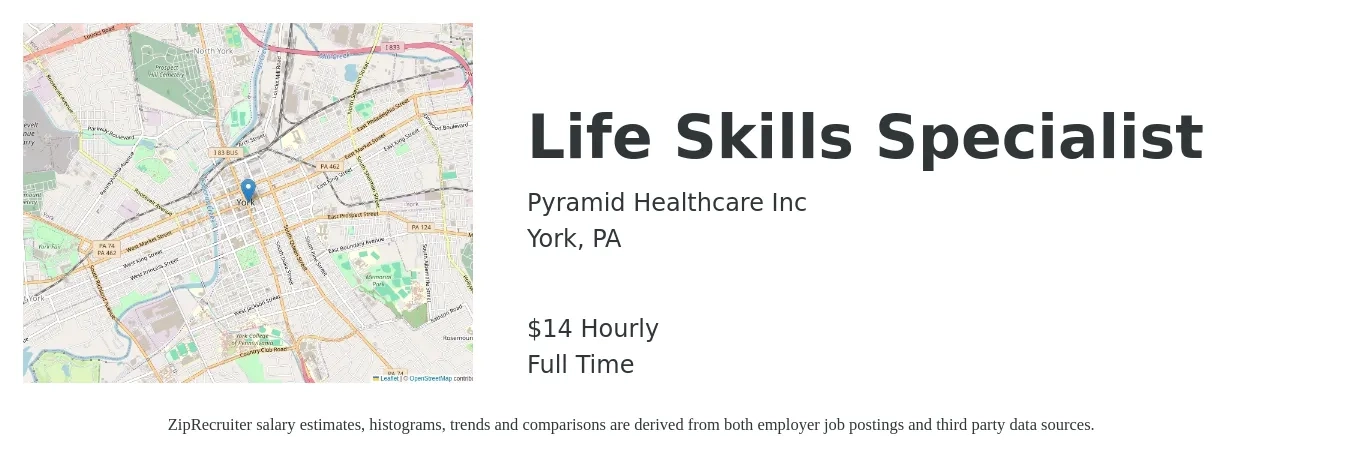 Pyramid Healthcare Inc job posting for a Life Skills Specialist in York, PA with a salary of $15 Hourly with a map of York location.