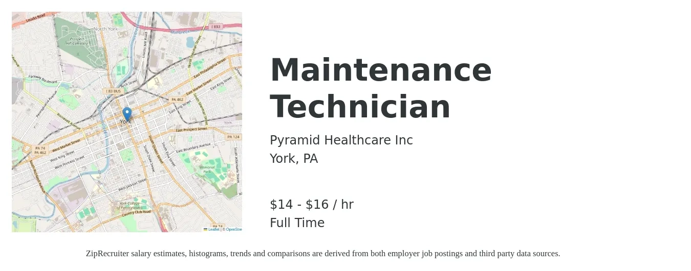 Pyramid Healthcare Inc job posting for a Maintenance Technician in York, PA with a salary of $15 to $17 Hourly with a map of York location.