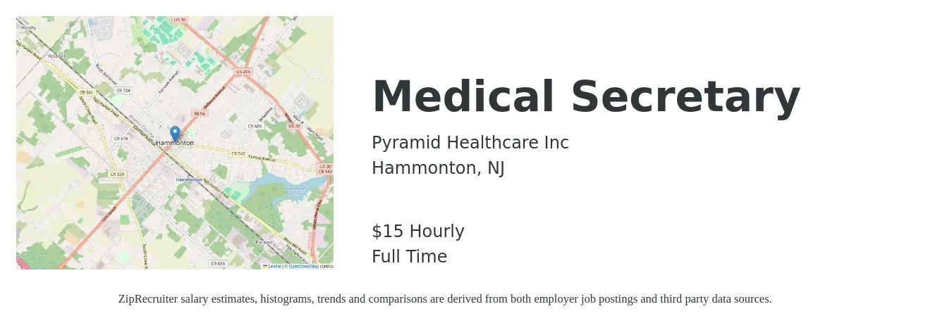 Pyramid Healthcare Inc job posting for a Medical Secretary in Hammonton, NJ with a salary of $16 Hourly with a map of Hammonton location.