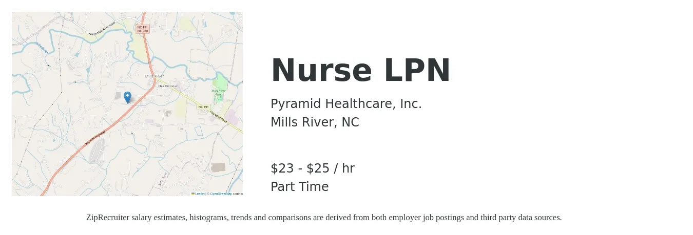 Pyramid Healthcare Inc job posting for a Nurse LPN in Mills River, NC with a salary of $24 to $27 Hourly with a map of Mills River location.