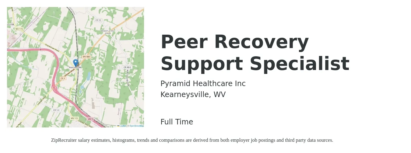 Pyramid Healthcare Inc job posting for a Peer Recovery Support Specialist in Kearneysville, WV with a salary of $18 to $22 Hourly with a map of Kearneysville location.