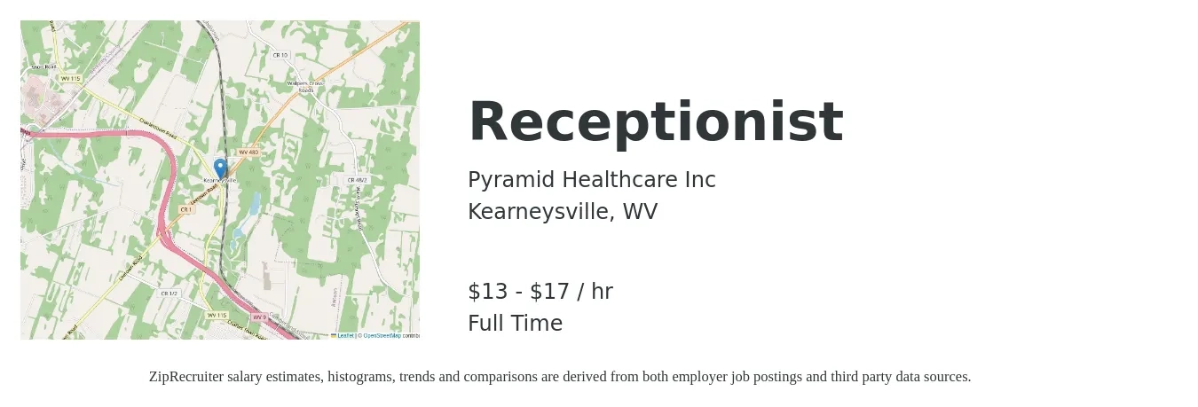 Pyramid Healthcare Inc job posting for a Receptionist in Kearneysville, WV with a salary of $14 to $18 Hourly with a map of Kearneysville location.