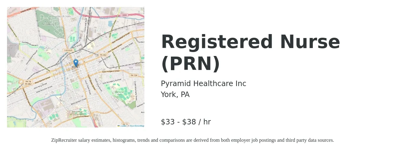 Pyramid Healthcare Inc job posting for a Registered Nurse (PRN) in York, PA with a salary of $35 to $40 Hourly with a map of York location.