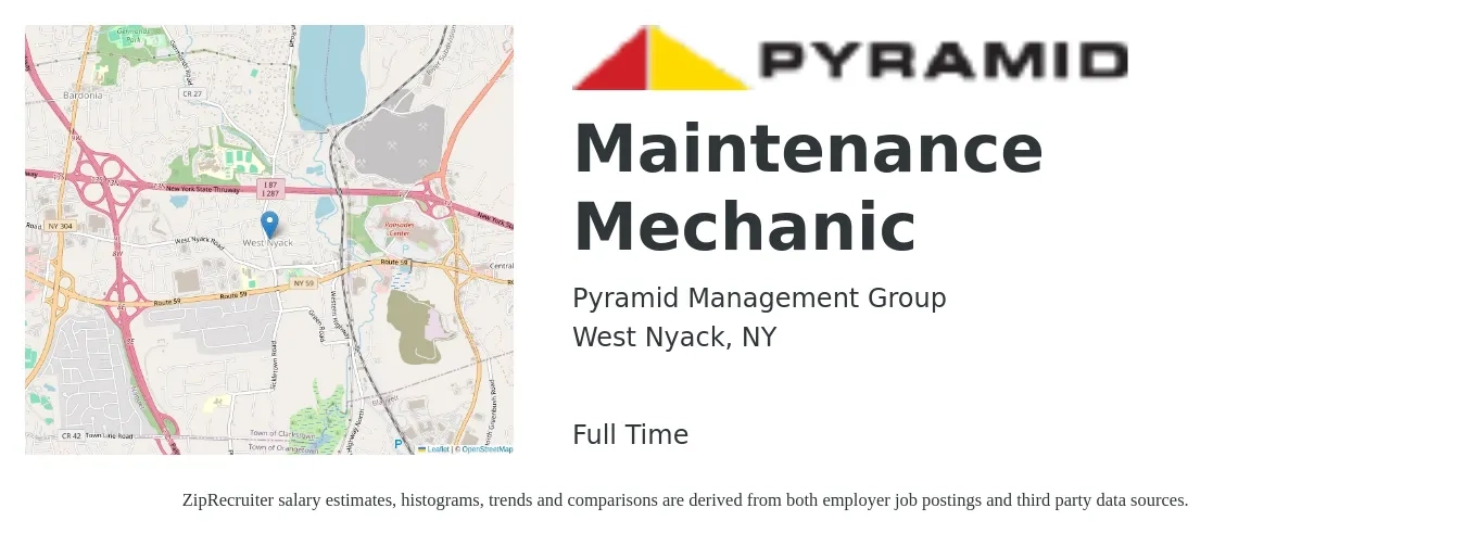 Pyramid Management Group job posting for a Maintenance Mechanic in West Nyack, NY with a salary of $16 to $20 Hourly with a map of West Nyack location.