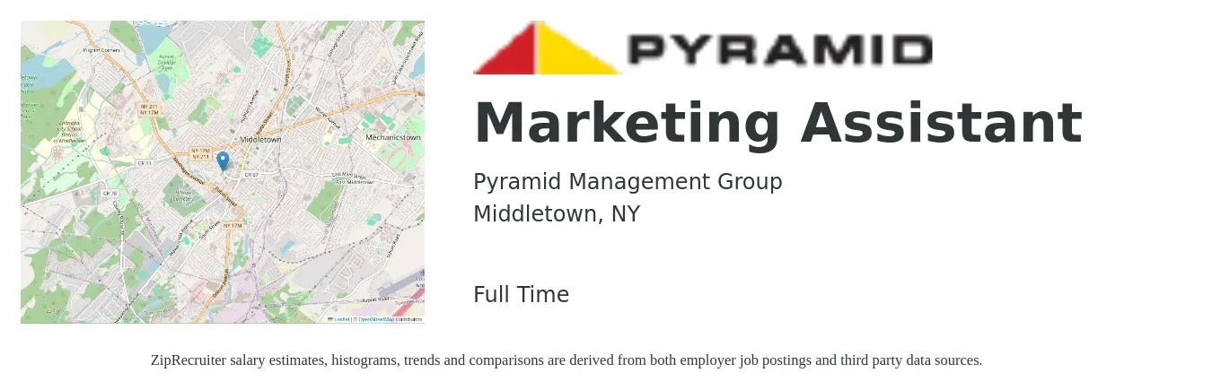 Pyramid Management Group job posting for a Marketing Assistant in Middletown, NY with a salary of $40,200 to $50,700 Yearly with a map of Middletown location.