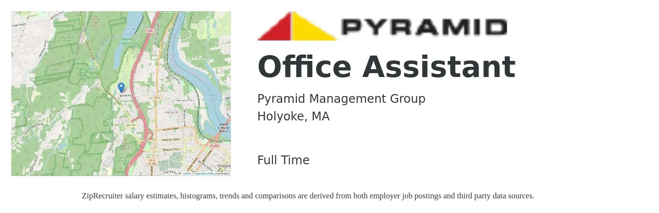 Pyramid Management Group job posting for a Office Assistant in Holyoke, MA with a salary of $18 to $19 Hourly with a map of Holyoke location.