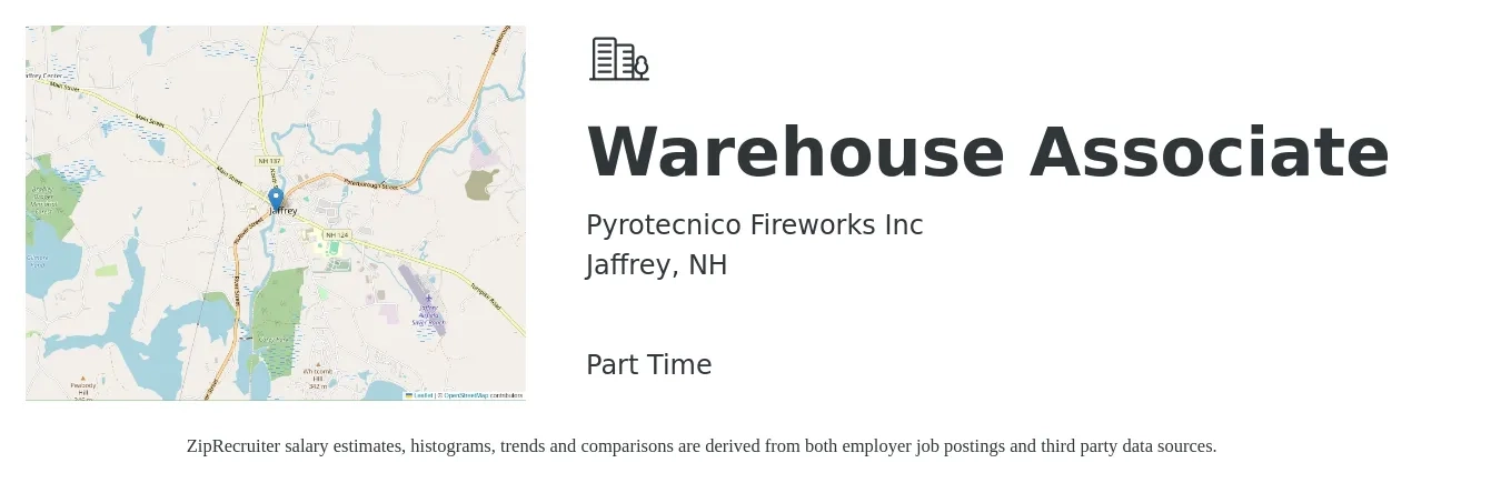 Pyrotecnico Fireworks Inc job posting for a Warehouse Associate in Jaffrey, NH with a salary of $16 to $18 Hourly with a map of Jaffrey location.