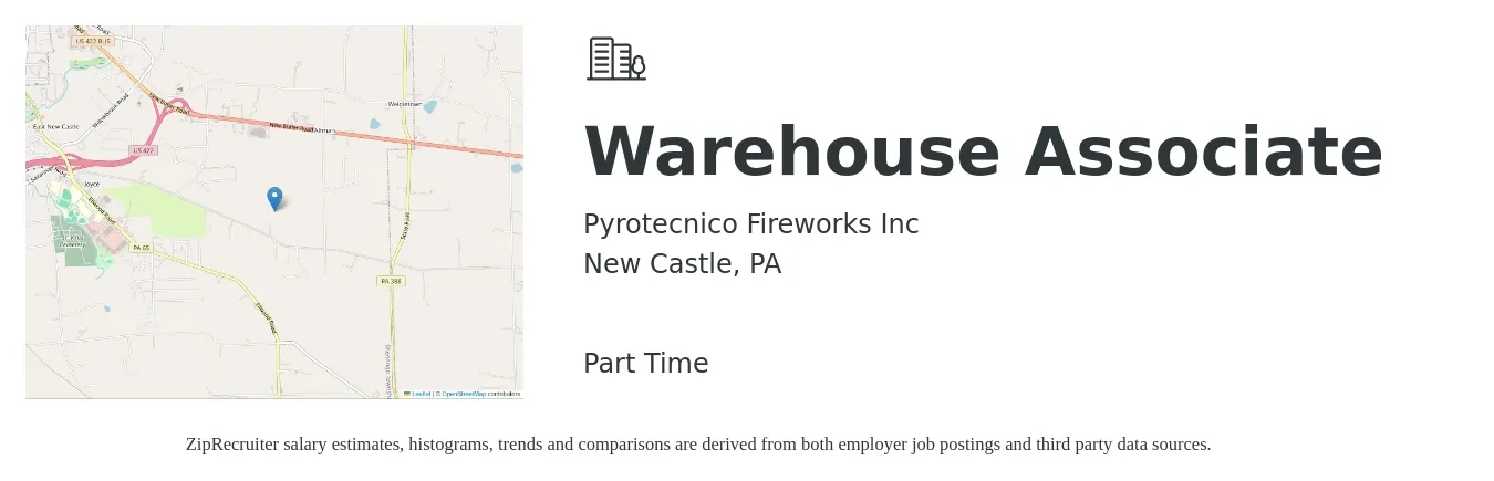 Pyrotecnico Fireworks Inc job posting for a Warehouse Associate in New Castle, PA with a salary of $14 to $16 Hourly with a map of New Castle location.