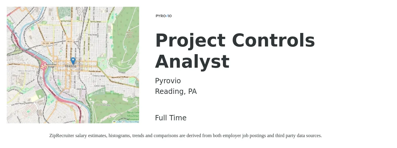 Pyrovio job posting for a Project Controls Analyst in Reading, PA with a salary of $91,200 to $100,800 Yearly with a map of Reading location.