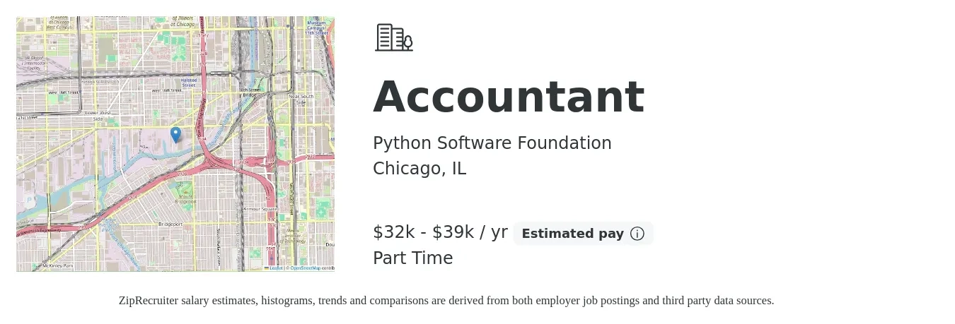 Python Software Foundation job posting for a Accountant in Chicago, IL with a salary of $32,500 to $39,000 Yearly with a map of Chicago location.