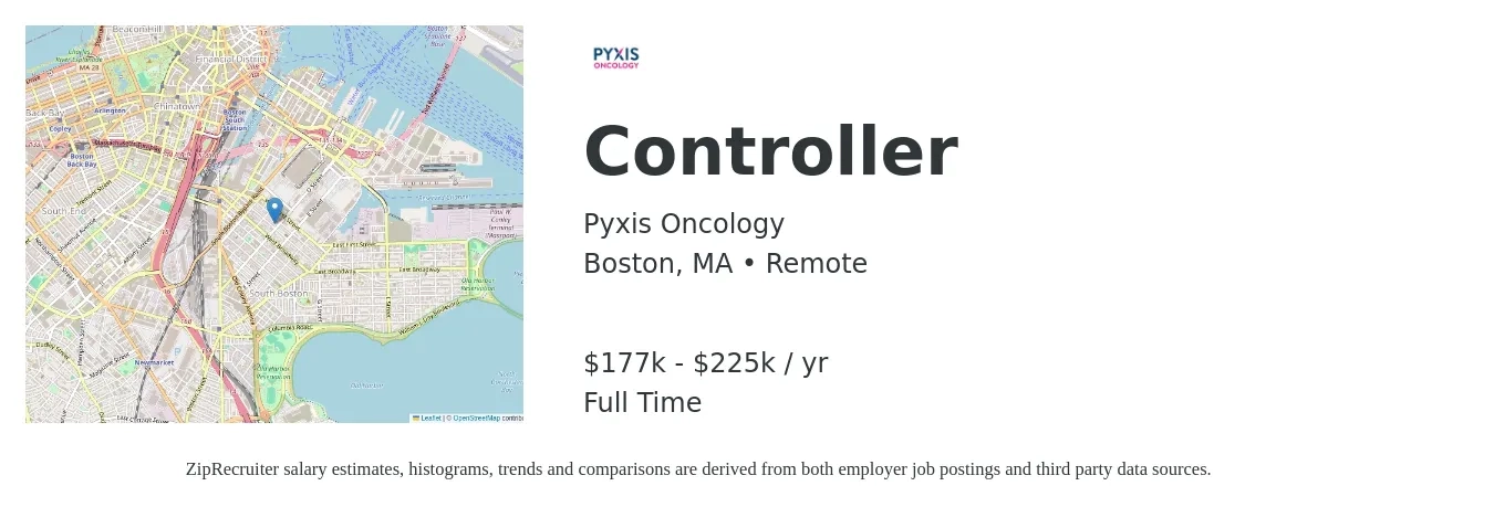 Pyxis Oncology job posting for a Controller in Boston, MA with a salary of $177,000 to $225,000 Yearly with a map of Boston location.