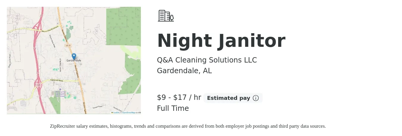 Q&A Cleaning Solutions LLC job posting for a Night Janitor in Gardendale, AL with a salary of $10 to $18 Hourly with a map of Gardendale location.