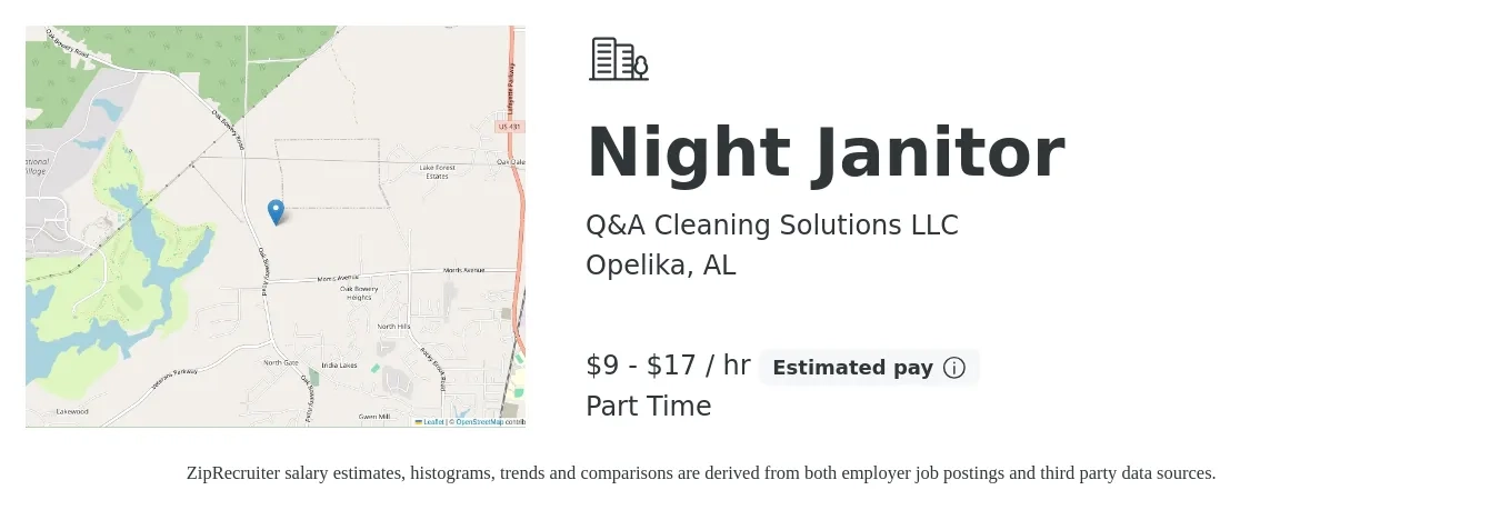 Q&A Cleaning Solutions LLC job posting for a Night Janitor in Opelika, AL with a salary of $10 to $18 Hourly with a map of Opelika location.