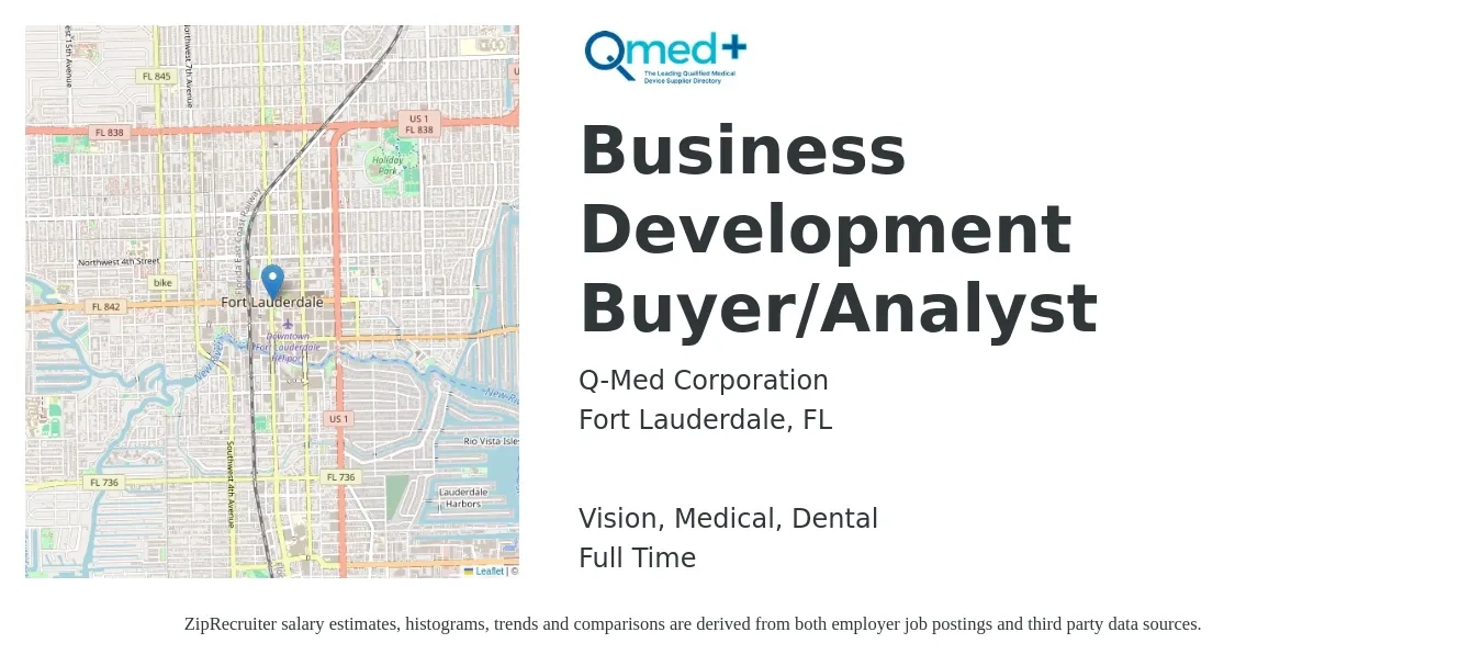 Q-Med Corporation job posting for a Business Development Buyer/Analyst in Fort Lauderdale, FL with a salary of $62,100 to $95,100 Yearly and benefits including retirement, vision, dental, life_insurance, medical, and pto with a map of Fort Lauderdale location.