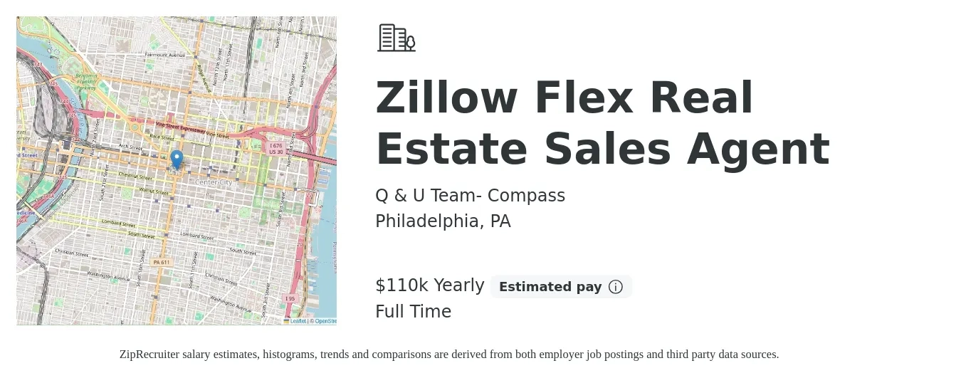 Q & U Team- Compass job posting for a Zillow Flex Real Estate Sales Agent in Philadelphia, PA with a salary of $110,500 Yearly with a map of Philadelphia location.