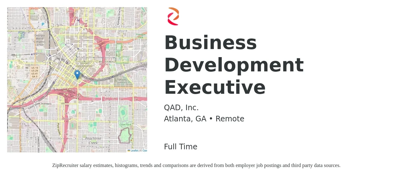 QAD, Inc. job posting for a Business Development Executive in Atlanta, GA with a salary of $61,800 to $98,100 Yearly with a map of Atlanta location.