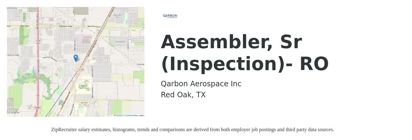 Qarbon Aerospace Inc job posting for a Assembler, Sr (Inspection)- RO in Red Oak, TX with a salary of $21 to $31 Hourly with a map of Red Oak location.