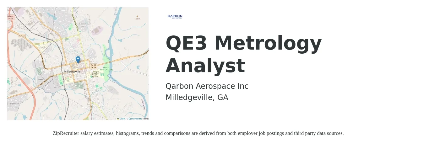 Qarbon Aerospace Inc job posting for a QE3 Metrology Analyst in Milledgeville, GA with a salary of $41 to $55 Hourly with a map of Milledgeville location.