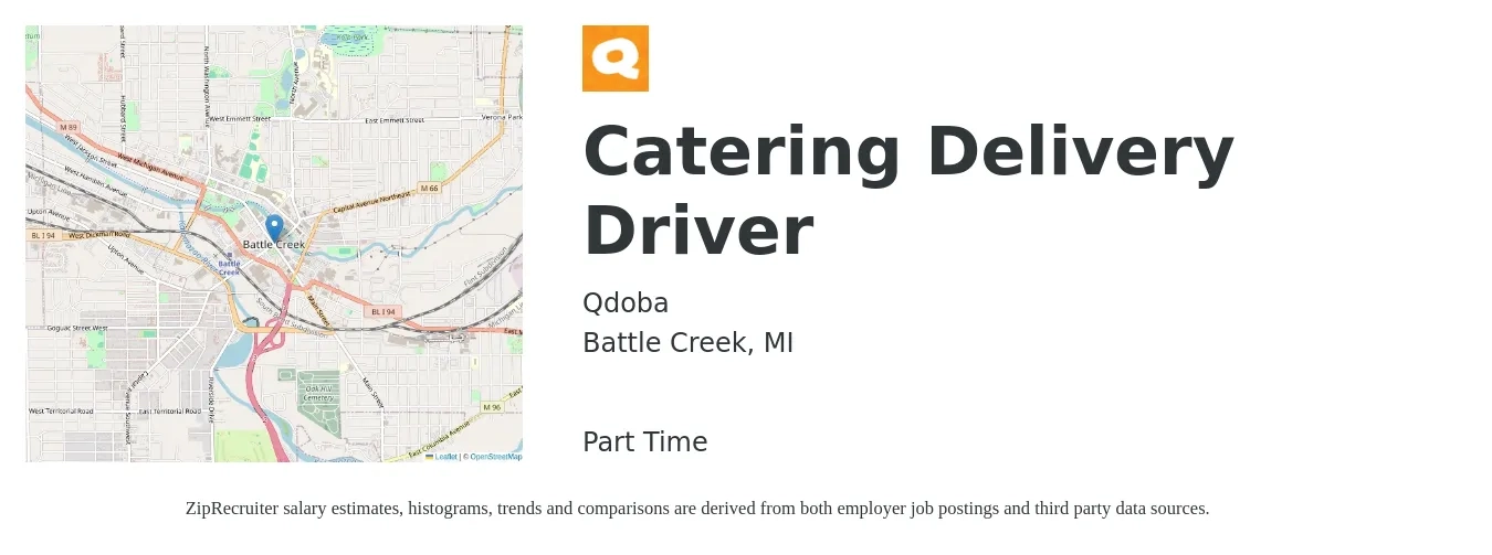 Qdoba job posting for a Catering Delivery Driver in Battle Creek, MI with a salary of $16 to $20 Hourly with a map of Battle Creek location.