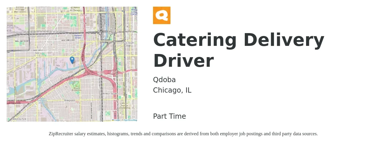 Qdoba job posting for a Catering Delivery Driver in Chicago, IL with a salary of $17 to $22 Hourly with a map of Chicago location.