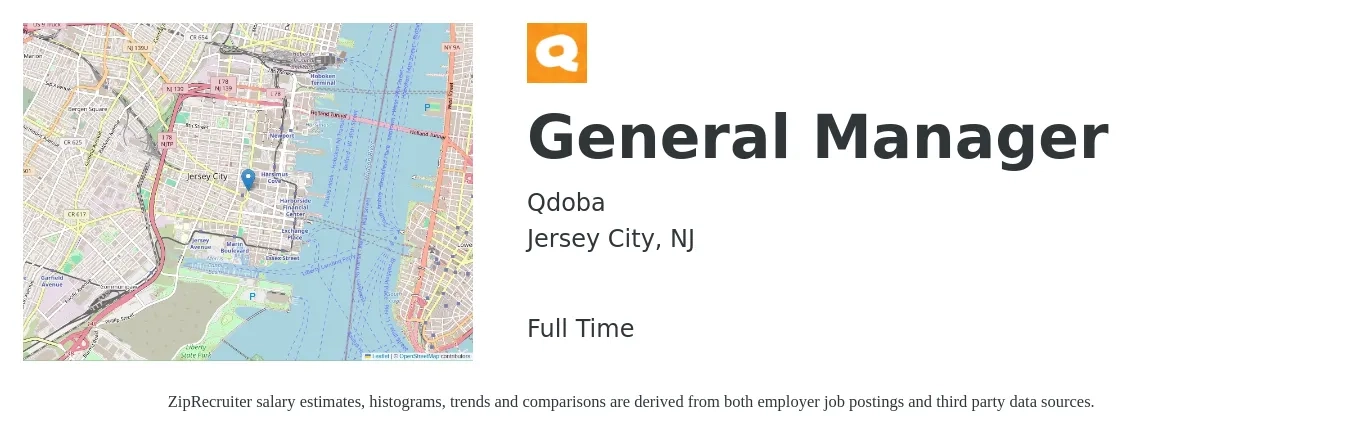 Qdoba job posting for a General Manager in Jersey City, NJ with a salary of $54,100 to $80,900 Yearly with a map of Jersey City location.