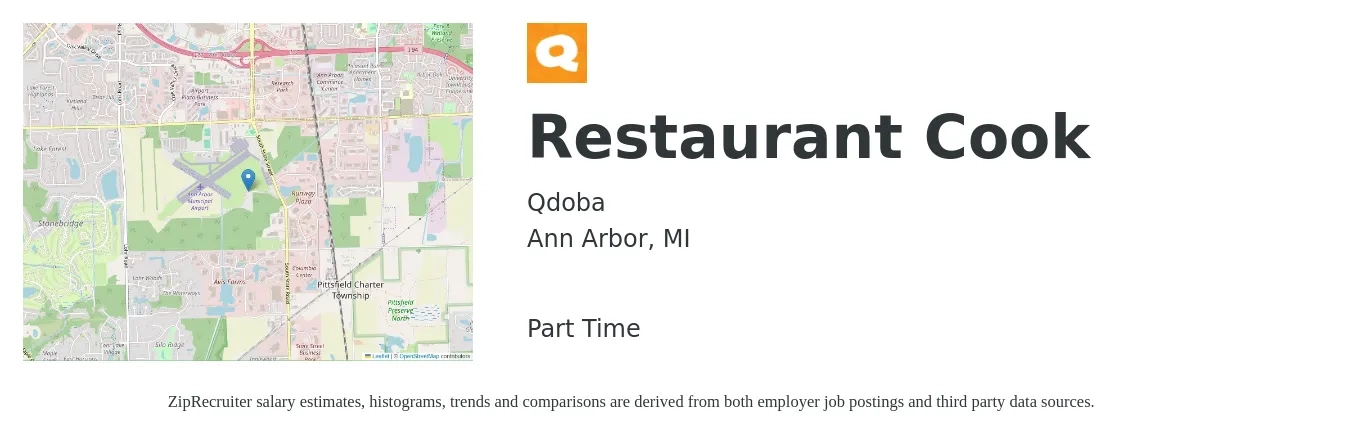 Qdoba job posting for a Restaurant Cook in Ann Arbor, MI with a salary of $12 to $15 Hourly with a map of Ann Arbor location.