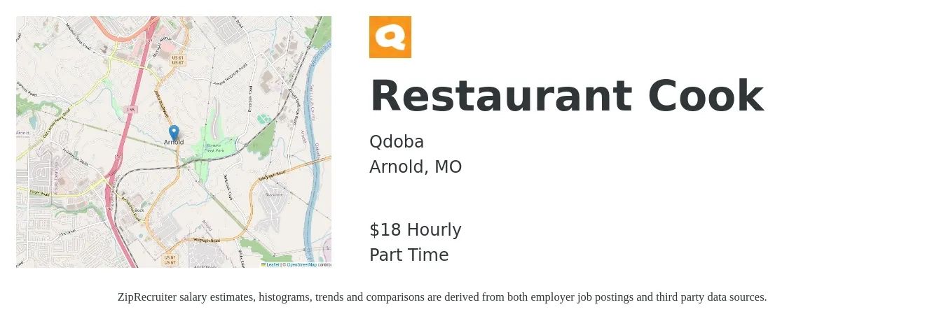 Qdoba job posting for a Restaurant Cook in Arnold, MO with a salary of $19 Hourly with a map of Arnold location.